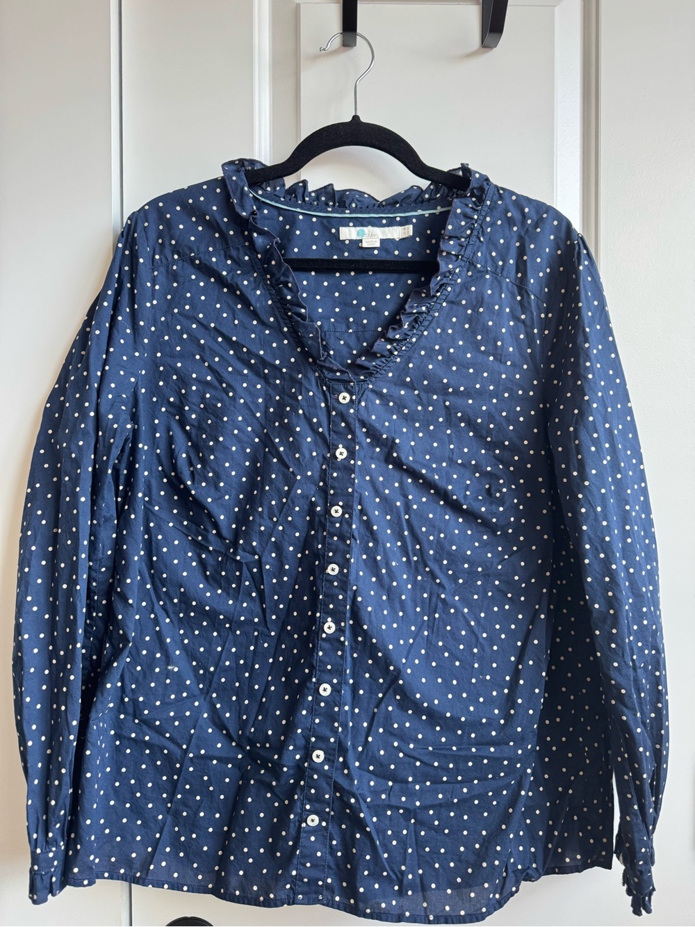 Boden US 14 Navy White Polka Dot Ruffle Collar Button Down Top